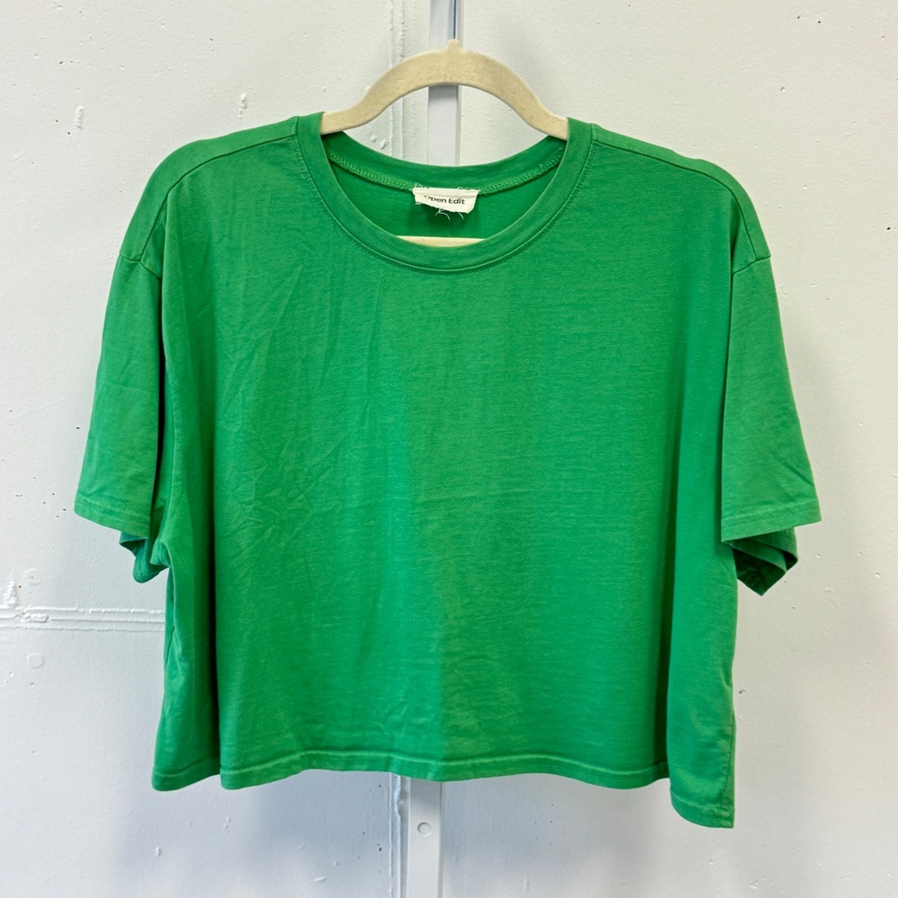 Open Edit Green Organic Cotton Boxy Crop Top Tee ED452987MI SUM21